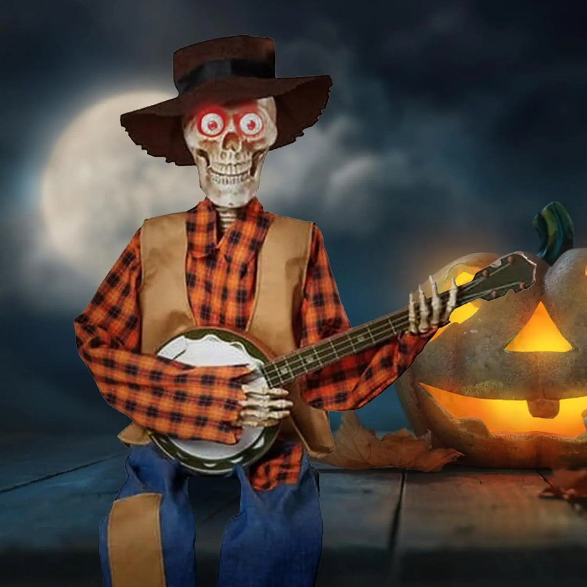 Halloween Banjo Scarecrow Playing Skeletons Animatronics Banjo Skeletons Decoration for Halloween Indoor Outdoor Yard Lawn Party