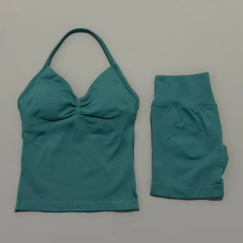 2 Pieces Sports Set Women Backless Tank Yoga Tops High Waist Scrunch Seamless Shorts Sport Gym Set Sportswear Workout Set