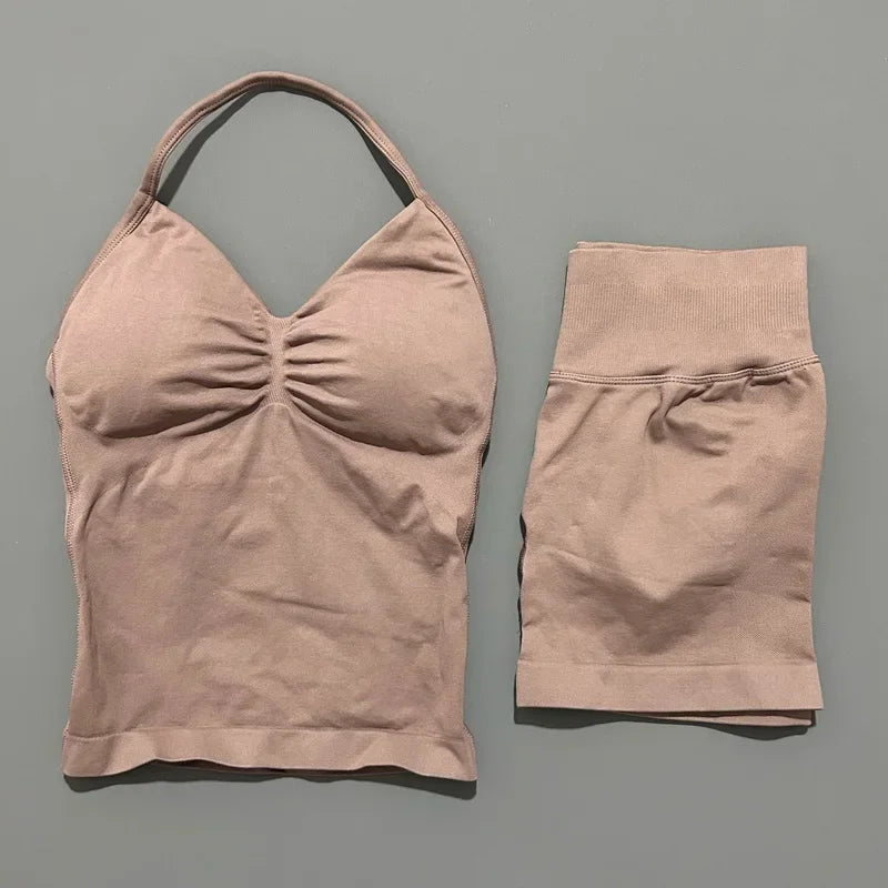 2 Pieces Sports Set Women Backless Tank Yoga Tops High Waist Scrunch Seamless Shorts Sport Gym Set Sportswear Workout Set