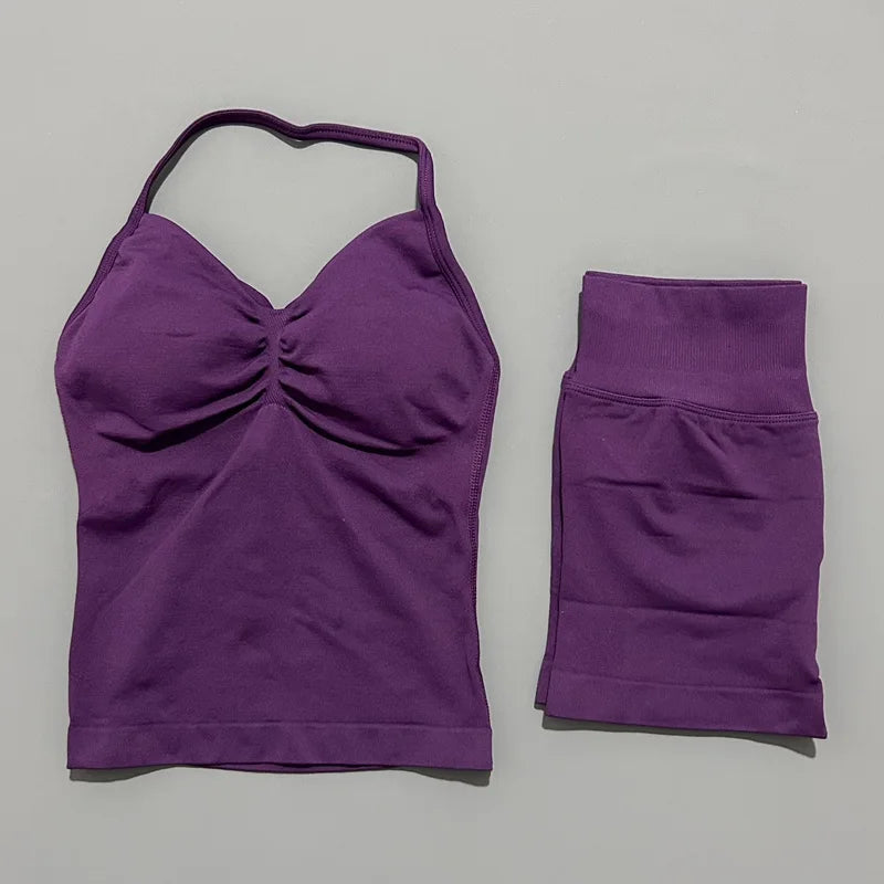 2 Pieces Sports Set Women Backless Tank Yoga Tops High Waist Scrunch Seamless Shorts Sport Gym Set Sportswear Workout Set