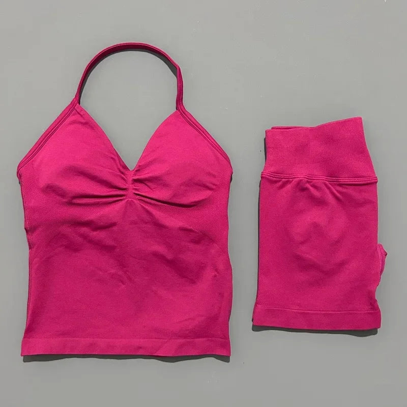 2 Pieces Sports Set Women Backless Tank Yoga Tops High Waist Scrunch Seamless Shorts Sport Gym Set Sportswear Workout Set