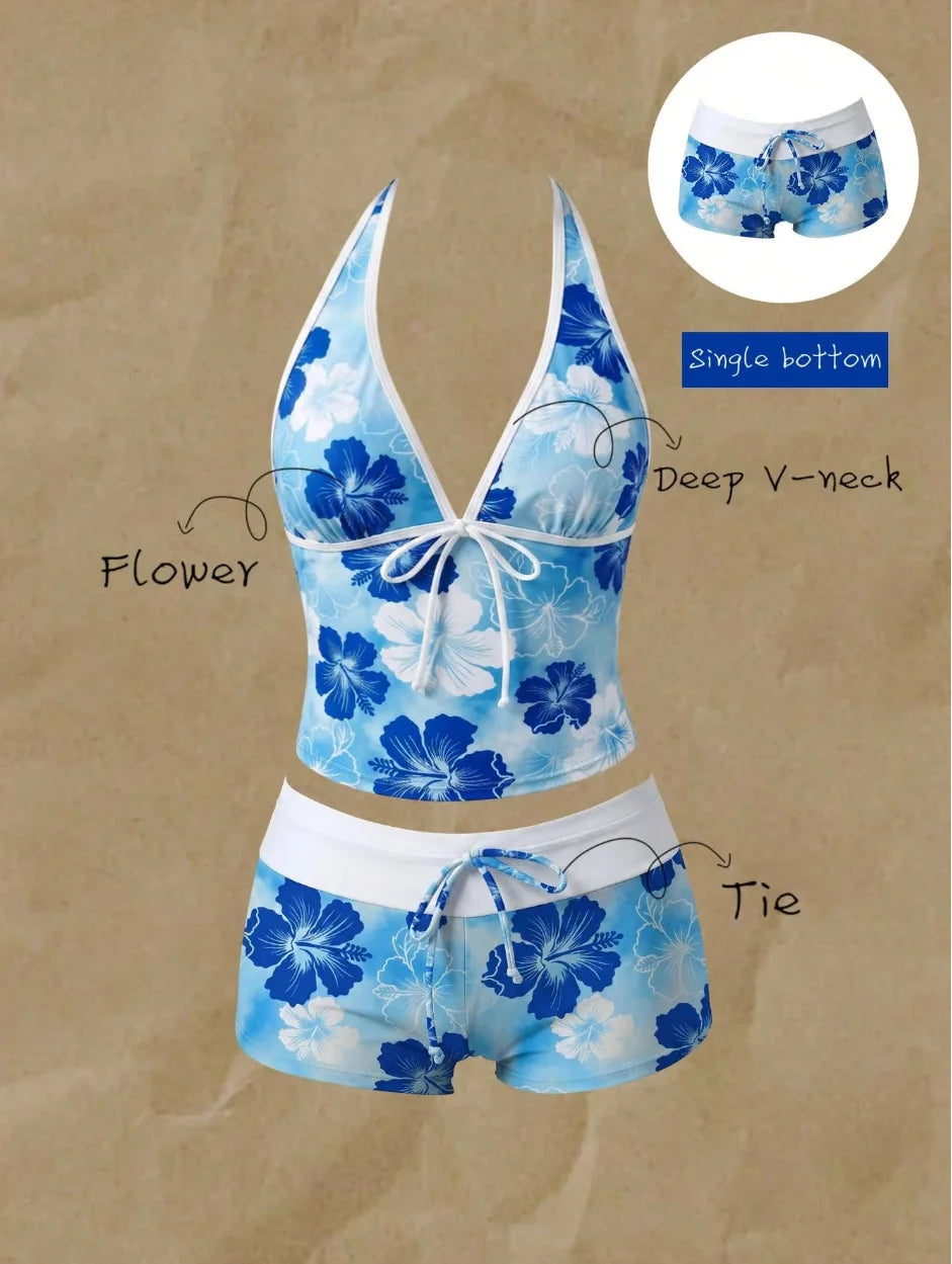 Women Swimwears Polka Dot 2-Piece Tankini Set Halter V Neck Front Tie Cami Top & Contrast Waistband Drawstring Swim Shorts