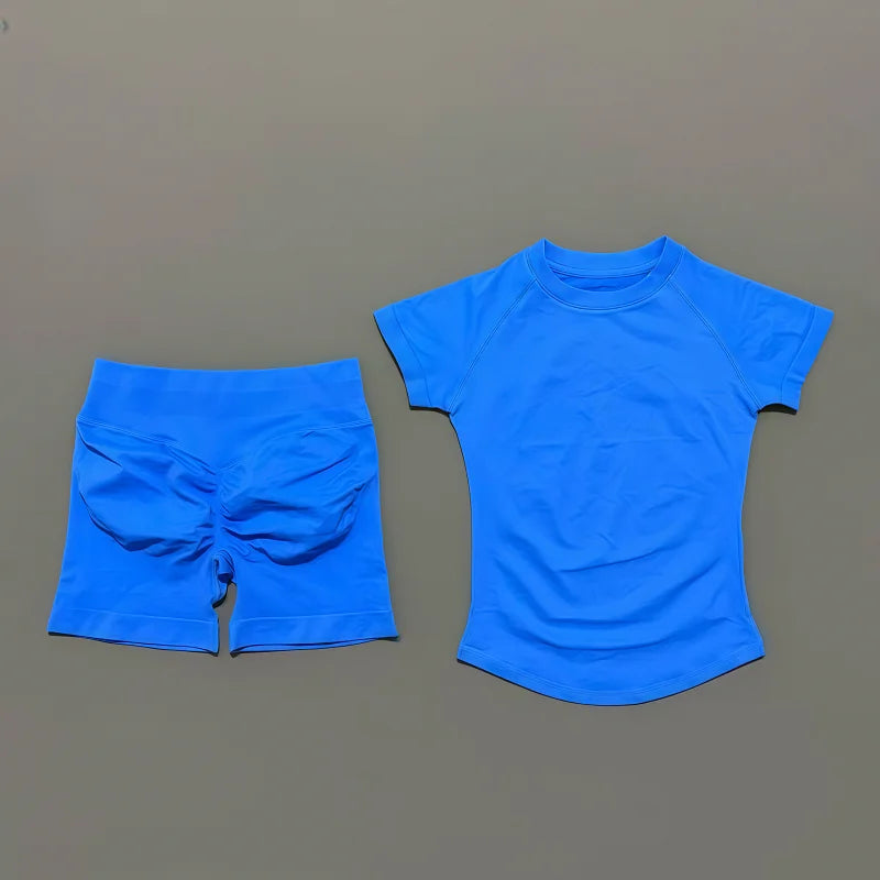 2 Pieces Sports Sets Short Sleeve Seamless Yoga Top Fitness Set Women Workout Running Sports Shorts Gym Suit