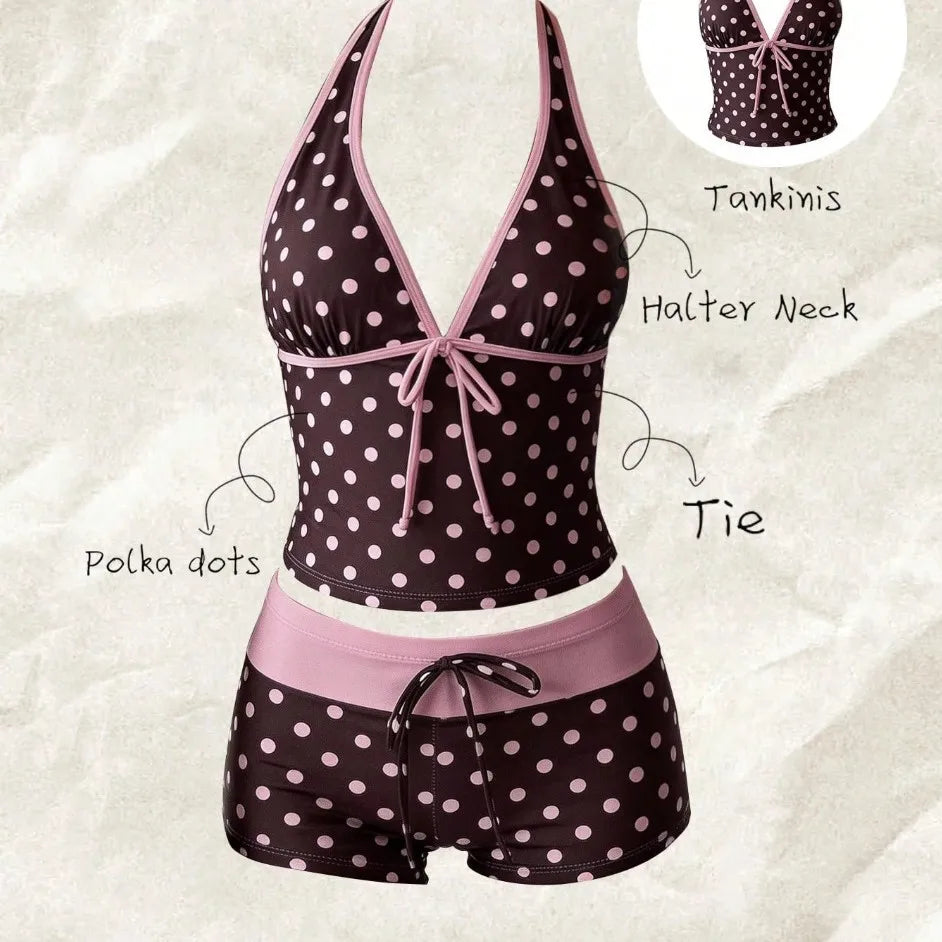 Women Swimwears Polka Dot 2-Piece Tankini Set Halter V Neck Front Tie Cami Top & Contrast Waistband Drawstring Swim Shorts