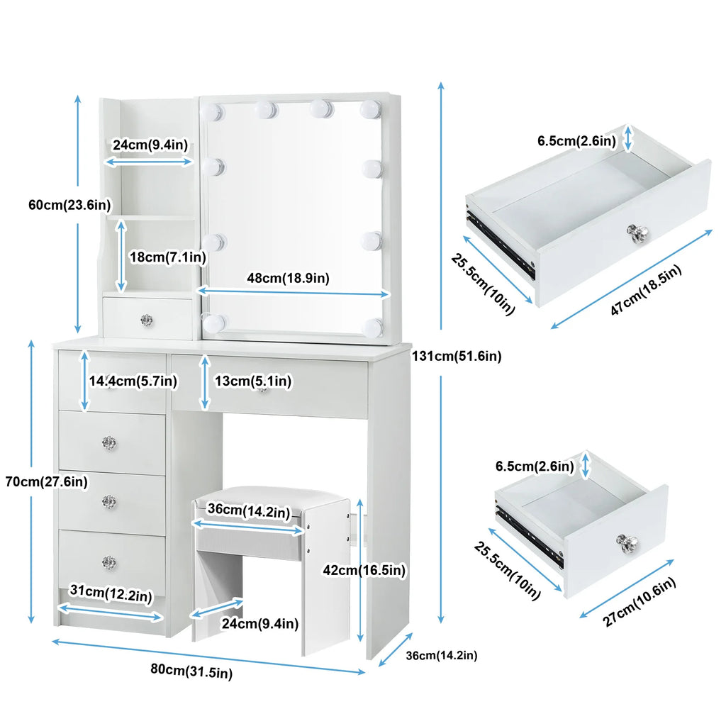 Teousev White LED Makeup Vanity Set with Sliding Mirror, 3-Color Dimmable Lights, 6 Drawers & Stool, Modern Dressing Table