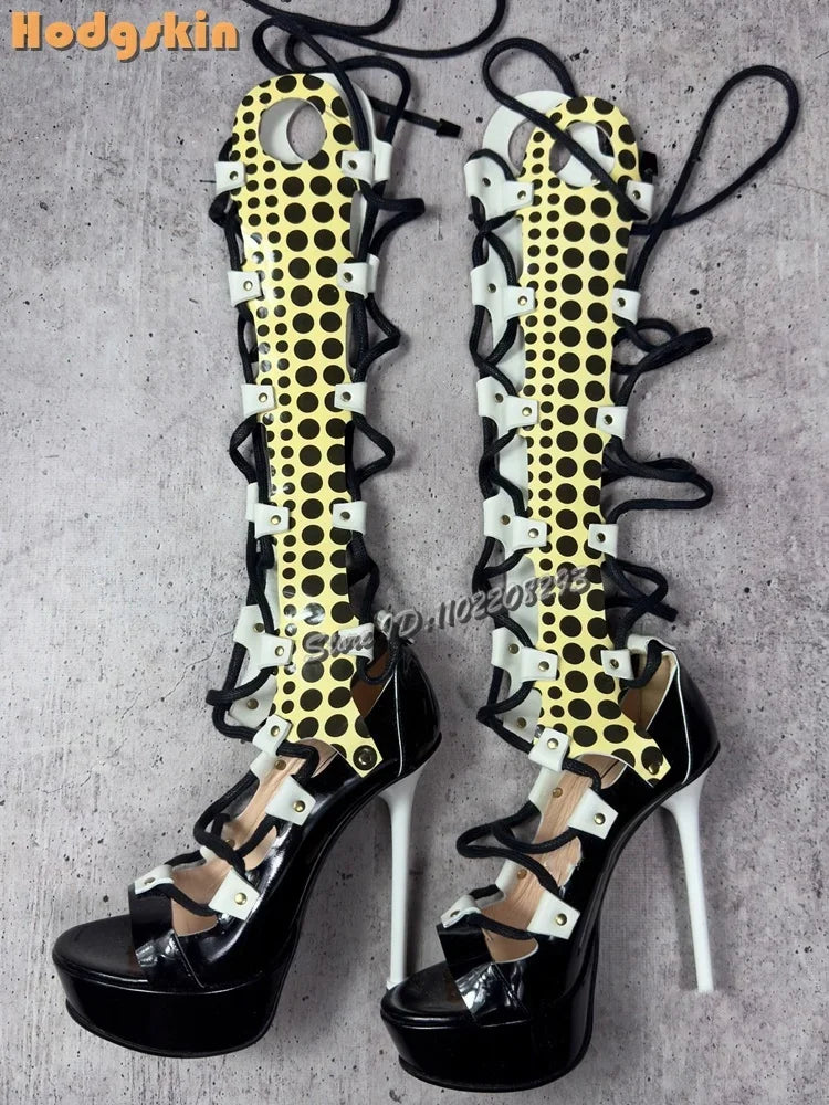 Retro Yellow Patchwork Stilettos Sandals Polka Dot Peep Toe Cross-tied Knee-high Heels 2025 Summer Fashion Women Roman Shoes