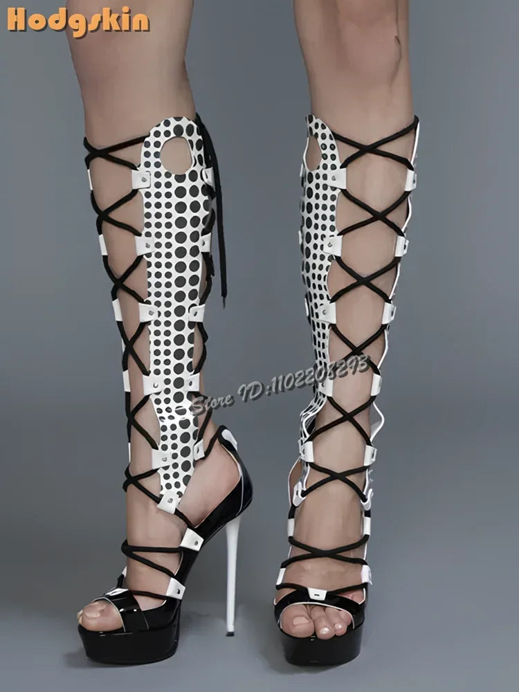 Retro Yellow Patchwork Stilettos Sandals Polka Dot Peep Toe Cross-tied Knee-high Heels 2025 Summer Fashion Women Roman Shoes