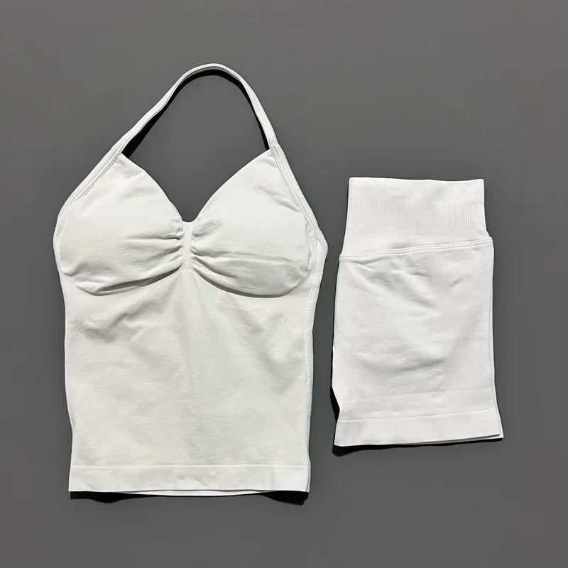 2 Pieces Sports Set Women Backless Tank Yoga Tops High Waist Scrunch Seamless Shorts Sport Gym Set Sportswear Workout Set