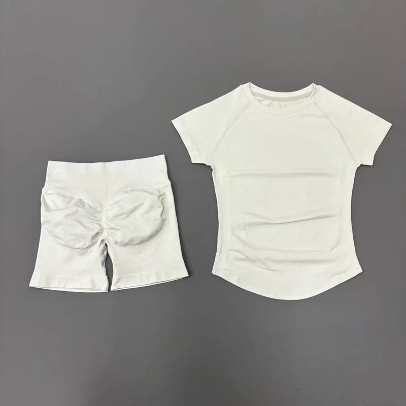 2 Pieces Sports Sets Short Sleeve Seamless Yoga Top Fitness Set Women Workout Running Sports Shorts Gym Suit