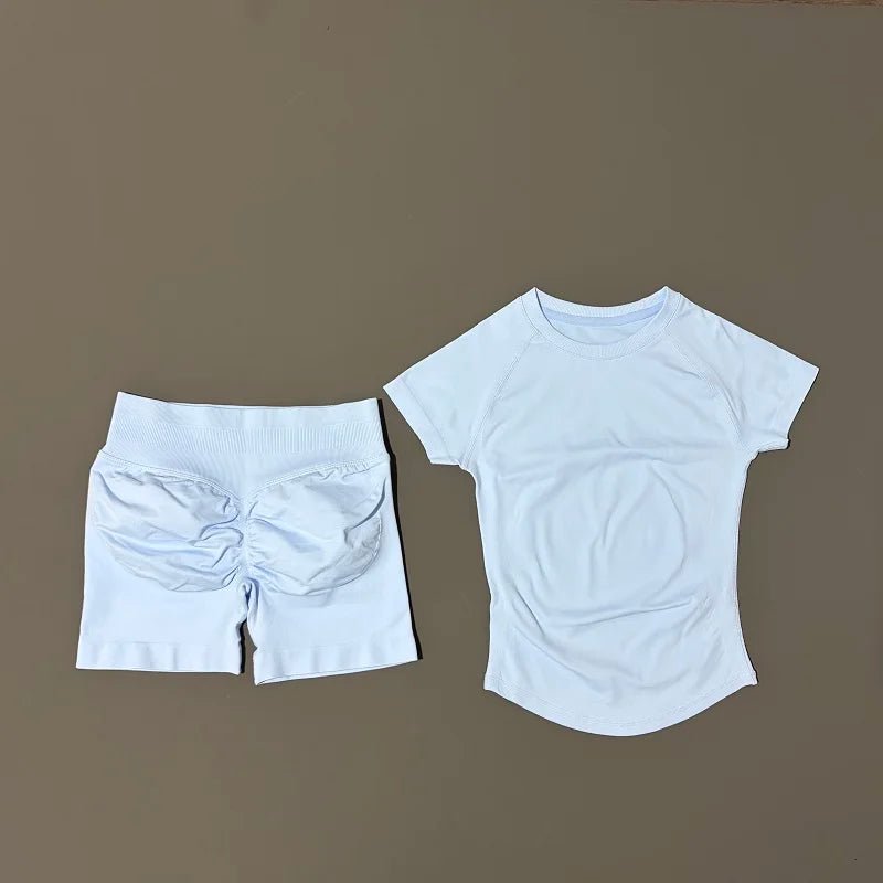 2 Pieces Sports Sets Short Sleeve Seamless Yoga Top Fitness Set Women Workout Running Sports Shorts Gym Suit