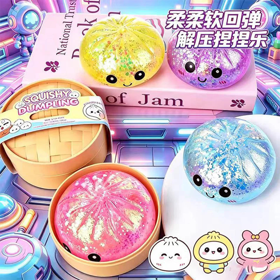 Realistic Giant Dumpling Squeeze Toy with Bamboo Steamer Soft TPR Dough Ball Decompression Fidget Toy Creative Funny Gift