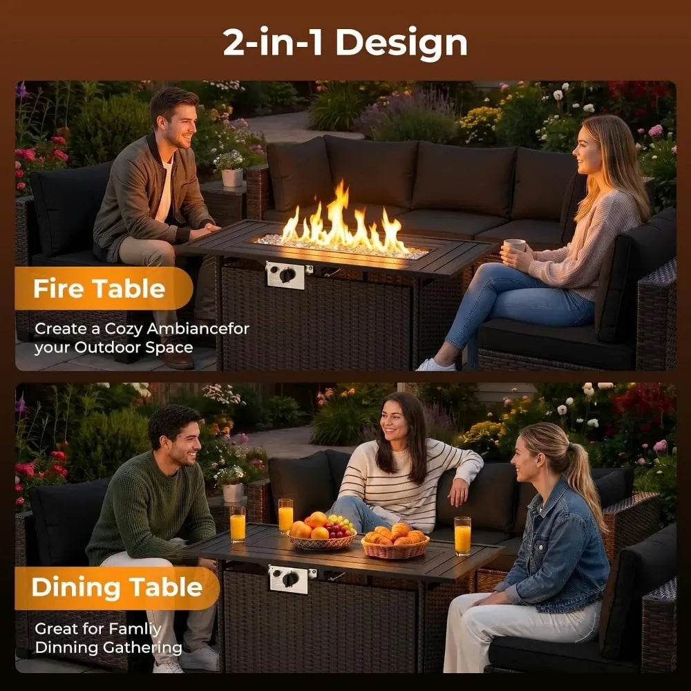8-Piece Wicker Patio Conversation Set with 44" Propane Fire Pit Table, Cozy Outdoor Sectional Sofa for Backyard, Customized