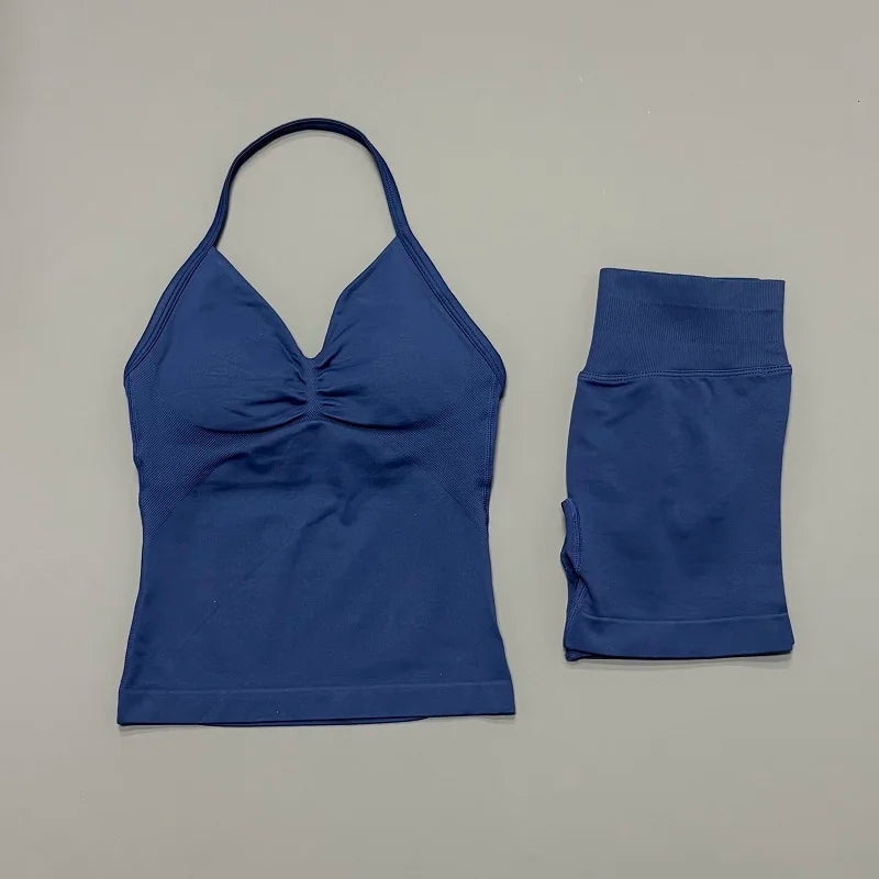 2 Pieces Sports Set Women Backless Tank Yoga Tops High Waist Scrunch Seamless Shorts Sport Gym Set Sportswear Workout Set