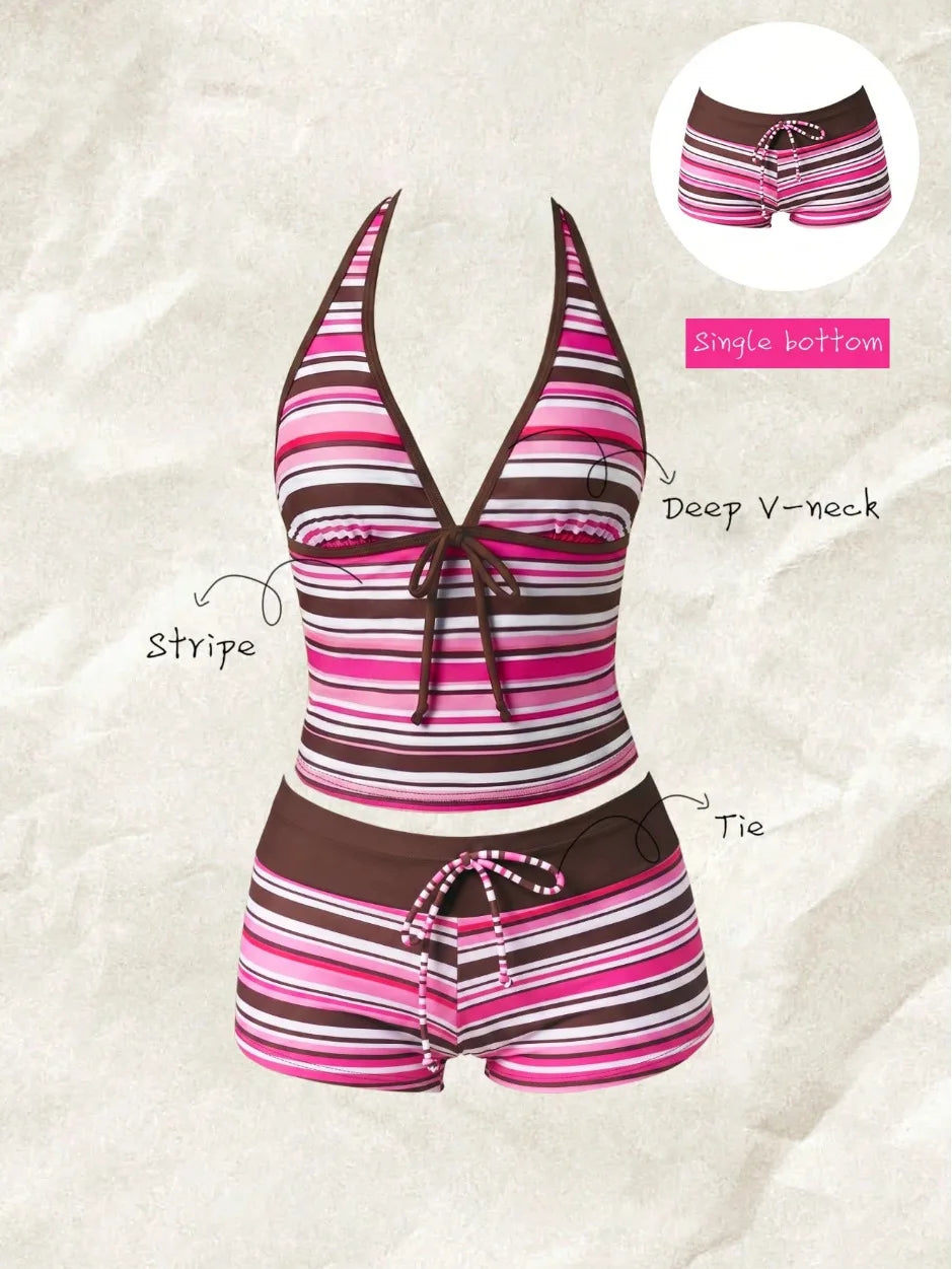 Women Swimwears Polka Dot 2-Piece Tankini Set Halter V Neck Front Tie Cami Top & Contrast Waistband Drawstring Swim Shorts