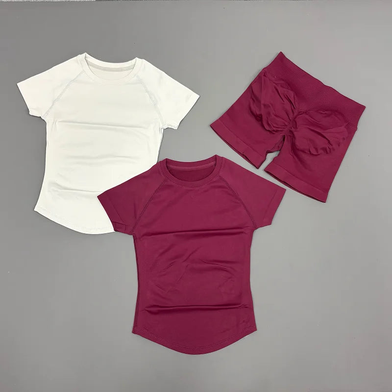 2 Pieces Sports Sets Short Sleeve Seamless Yoga Top Fitness Set Women Workout Running Sports Shorts Gym Suit