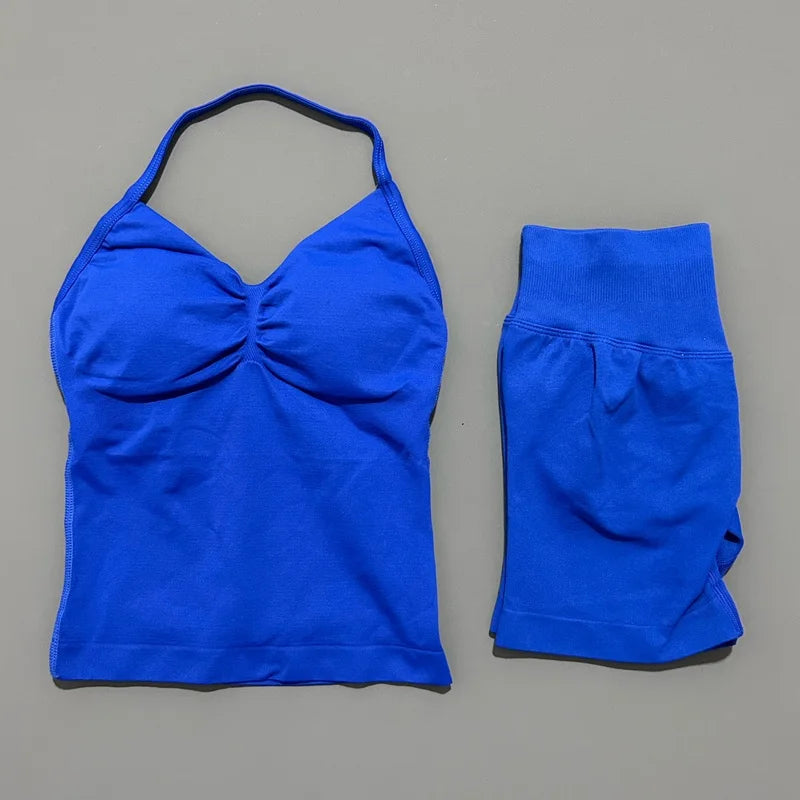 2 Pieces Sports Set Women Backless Tank Yoga Tops High Waist Scrunch Seamless Shorts Sport Gym Set Sportswear Workout Set