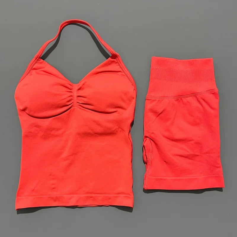 2 Pieces Sports Set Women Backless Tank Yoga Tops High Waist Scrunch Seamless Shorts Sport Gym Set Sportswear Workout Set