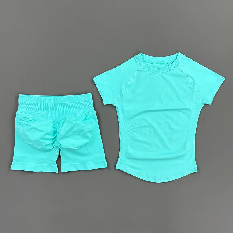 2 Pieces Sports Sets Short Sleeve Seamless Yoga Top Fitness Set Women Workout Running Sports Shorts Gym Suit