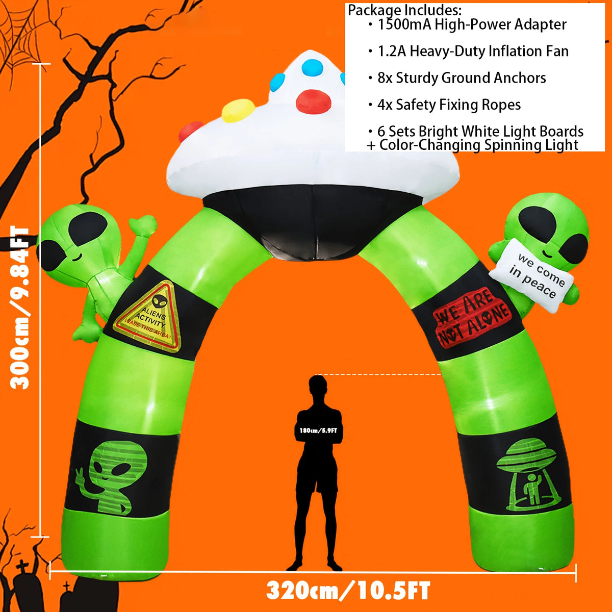10.5FT Halloween Inflatable Alien Arch Decoration Blow Up Alien Archway with Built-in LED Lights Outdoor Giant Airblown Spaceship Arch for Yard Garden Lawn Porch Party Supplies USA Stock Warehouse