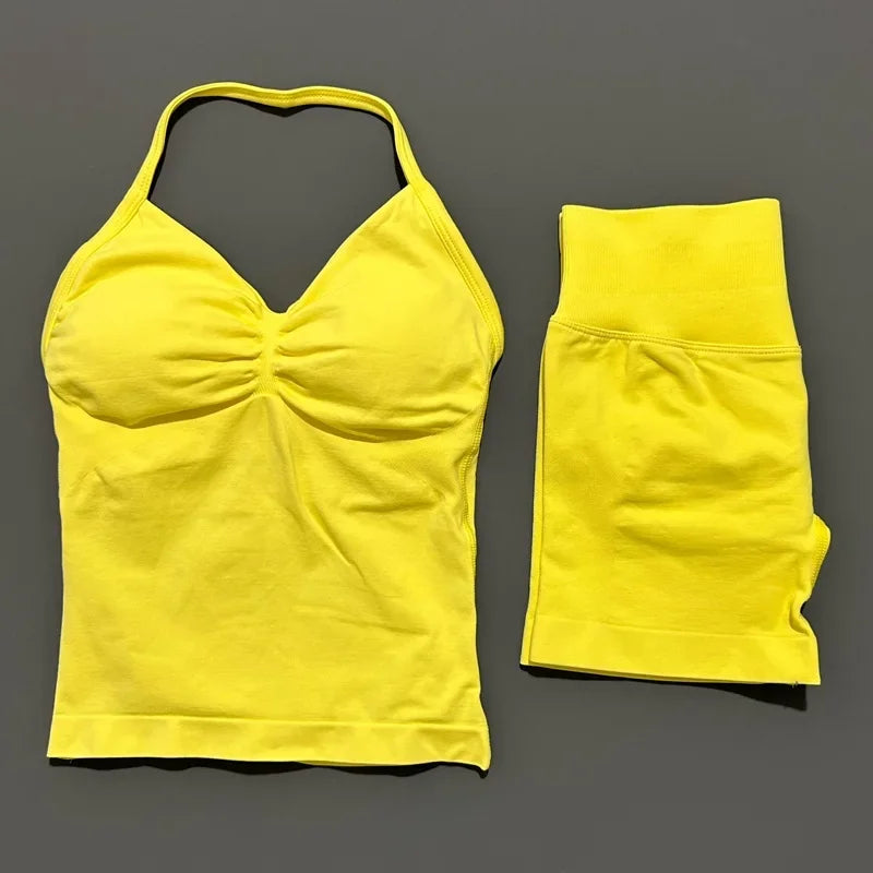 2 Pieces Sports Set Women Backless Tank Yoga Tops High Waist Scrunch Seamless Shorts Sport Gym Set Sportswear Workout Set