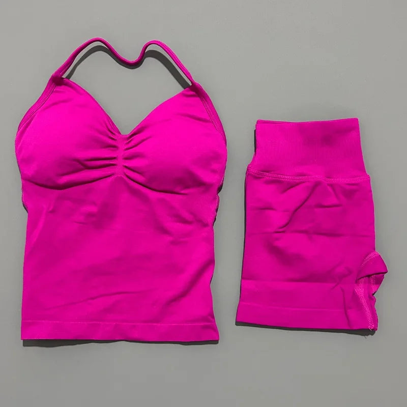 2 Pieces Sports Set Women Backless Tank Yoga Tops High Waist Scrunch Seamless Shorts Sport Gym Set Sportswear Workout Set