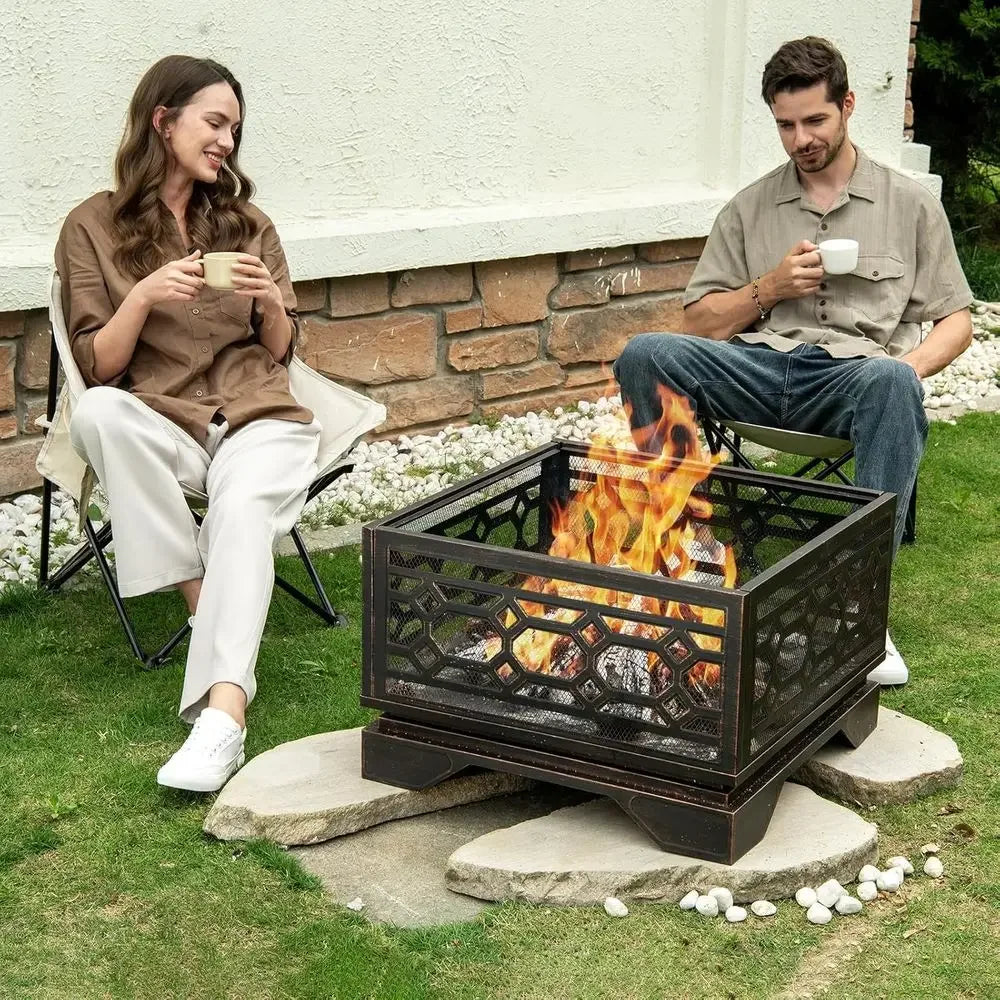 Large 26 Wood-Burning Fire Pit with Mesh Cover and Fire Poker for Outdoor Patio, Backyard, and Bonfire Gatherings