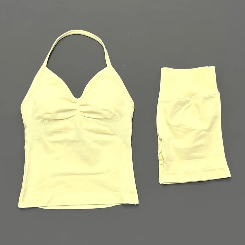 2 Pieces Sports Set Women Backless Tank Yoga Tops High Waist Scrunch Seamless Shorts Sport Gym Set Sportswear Workout Set