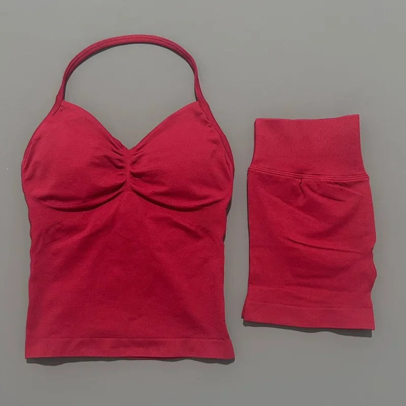 2 Pieces Sports Set Women Backless Tank Yoga Tops High Waist Scrunch Seamless Shorts Sport Gym Set Sportswear Workout Set