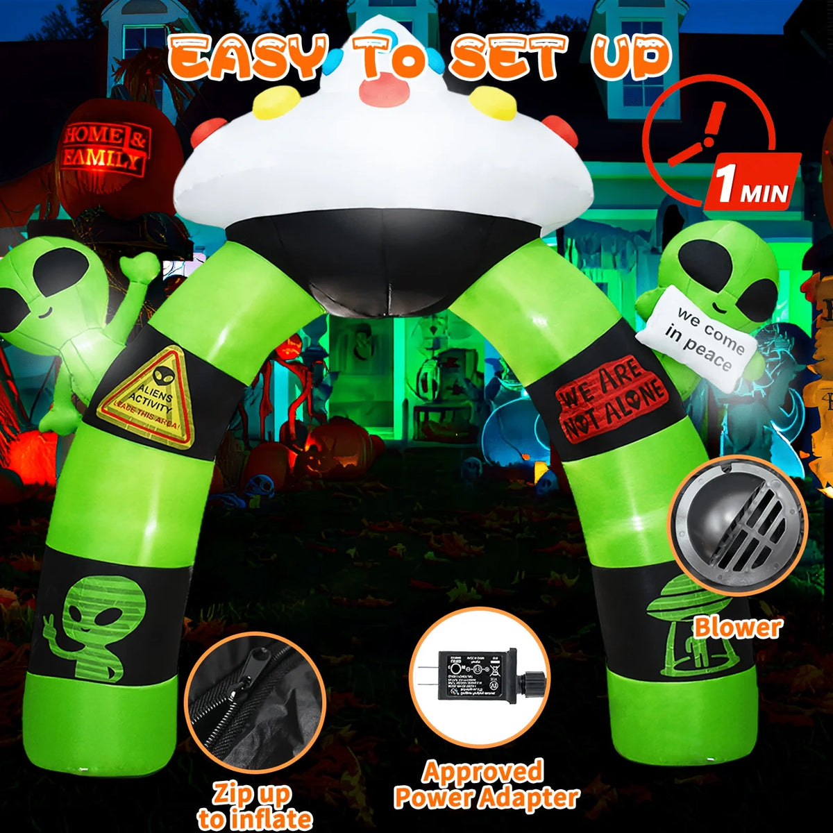 10.5FT Halloween Inflatable Alien Arch Decoration Blow Up Alien Archway with Built-in LED Lights Outdoor Giant Airblown Spaceship Arch for Yard Garden Lawn Porch Party Supplies USA Stock Warehouse