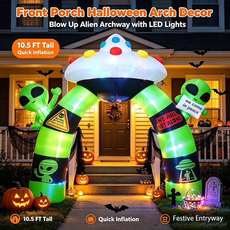 10.5FT Halloween Inflatable Alien Arch Decoration Blow Up Alien Archway with Built-in LED Lights Outdoor Giant Airblown Spaceship Arch for Yard Garden Lawn Porch Party Supplies USA Stock Warehouse