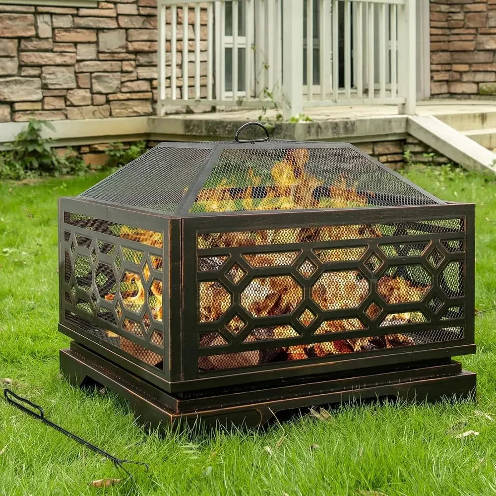 Large 26 Wood-Burning Fire Pit with Mesh Cover and Fire Poker for Outdoor Patio, Backyard, and Bonfire Gatherings