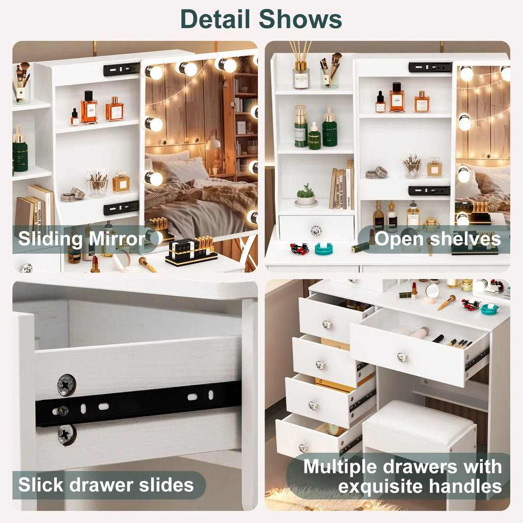 Teousev White LED Makeup Vanity Set with Sliding Mirror, 3-Color Dimmable Lights, 6 Drawers & Stool, Modern Dressing Table