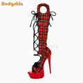 Retro Yellow Patchwork Stilettos Sandals Polka Dot Peep Toe Cross-tied Knee-high Heels 2025 Summer Fashion Women Roman Shoes