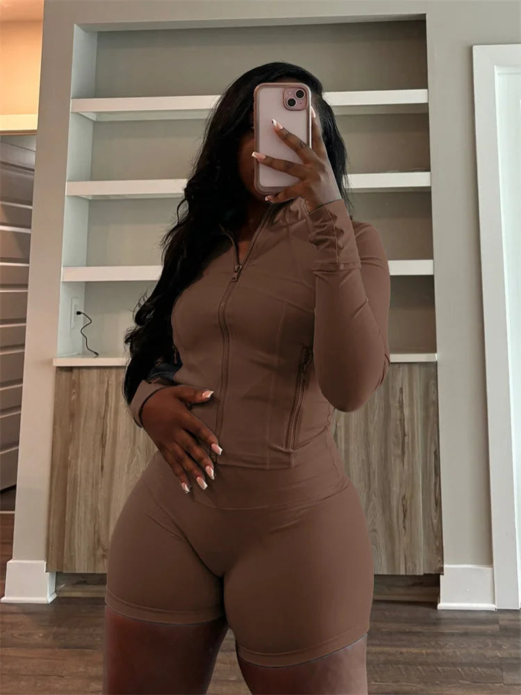 Fall Siold Bodycon Zipper Crop Top Women Tracksuits Sets+Trousers Women Black Gray 2 Two Pieces Matching Leggings Shorts Suits