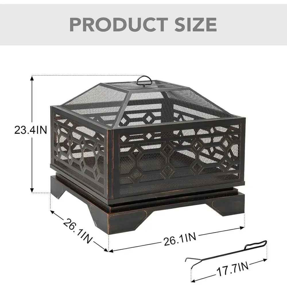 Large 26 Wood-Burning Fire Pit with Mesh Cover and Fire Poker for Outdoor Patio, Backyard, and Bonfire Gatherings