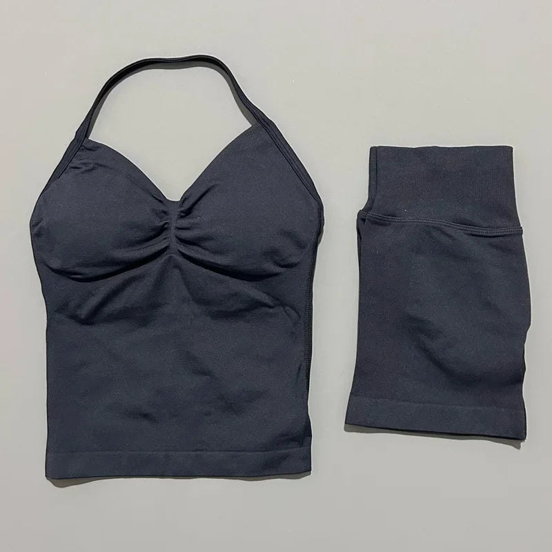 2 Pieces Sports Set Women Backless Tank Yoga Tops High Waist Scrunch Seamless Shorts Sport Gym Set Sportswear Workout Set