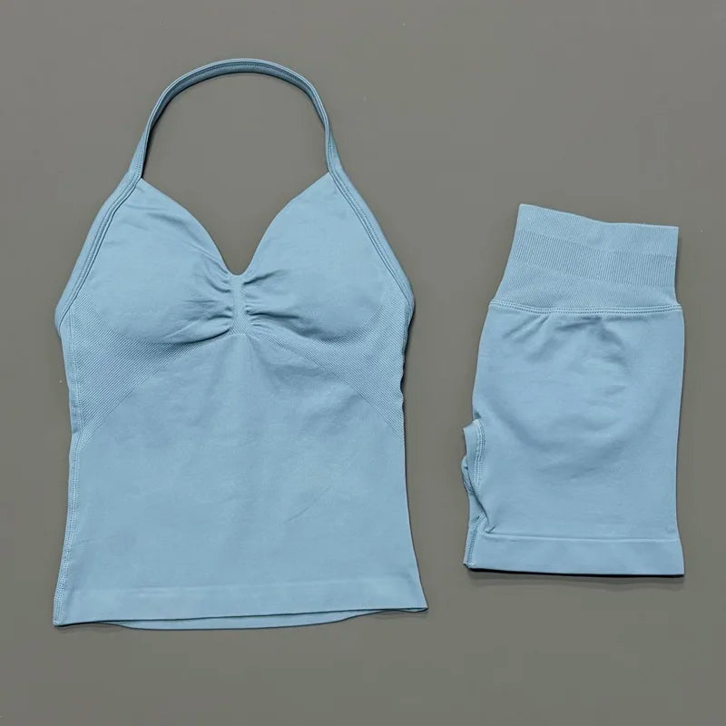 2 Pieces Sports Set Women Backless Tank Yoga Tops High Waist Scrunch Seamless Shorts Sport Gym Set Sportswear Workout Set