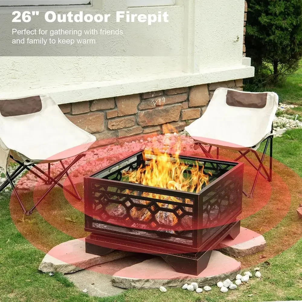 Large 26 Wood-Burning Fire Pit with Mesh Cover and Fire Poker for Outdoor Patio, Backyard, and Bonfire Gatherings