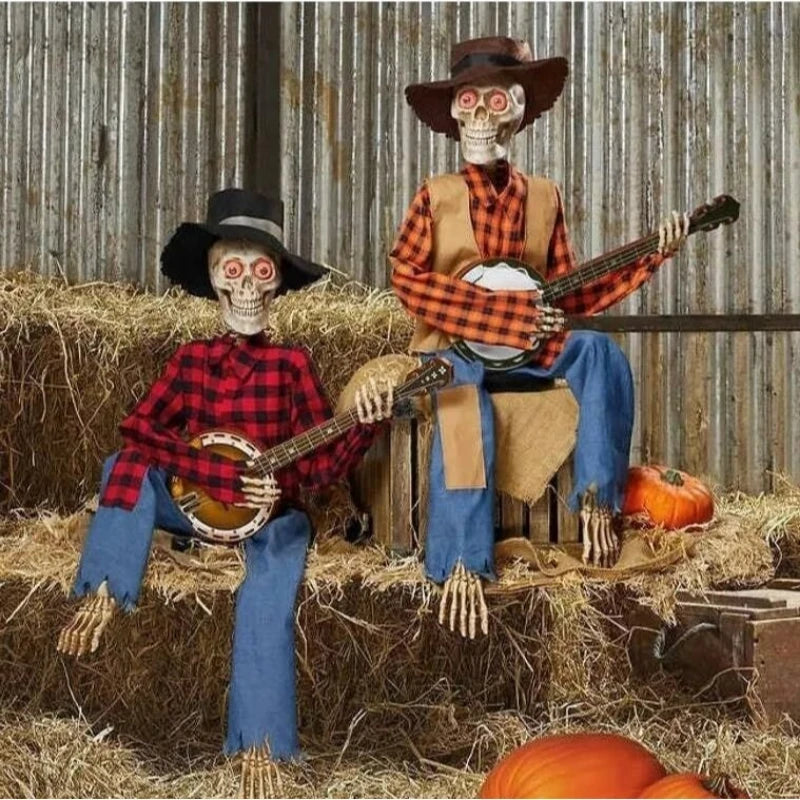 Halloween Banjo Scarecrow Playing Skeletons Animatronics Banjo Skeletons Decoration for Halloween Indoor Outdoor Yard Lawn Party