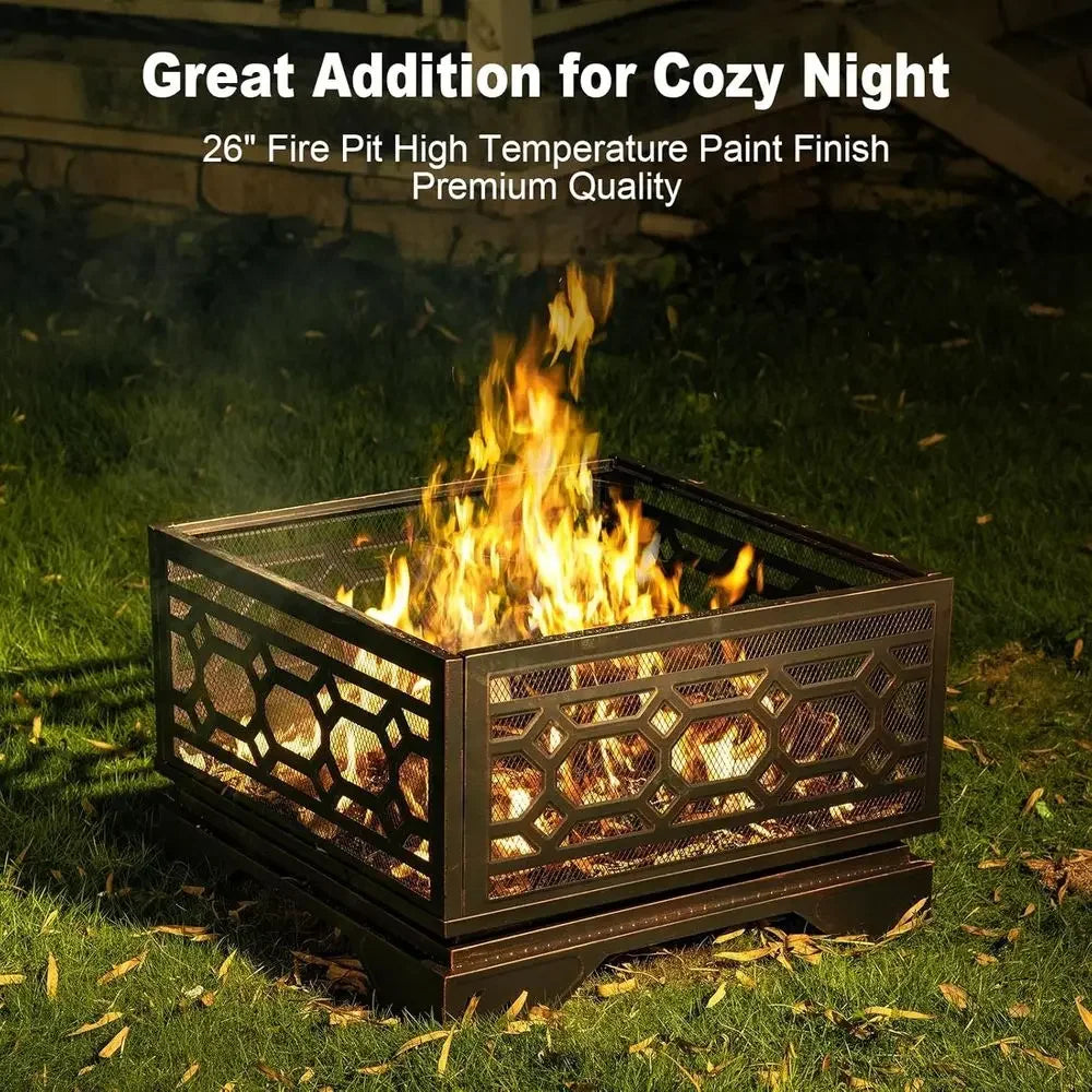 Large 26 Wood-Burning Fire Pit with Mesh Cover and Fire Poker for Outdoor Patio, Backyard, and Bonfire Gatherings