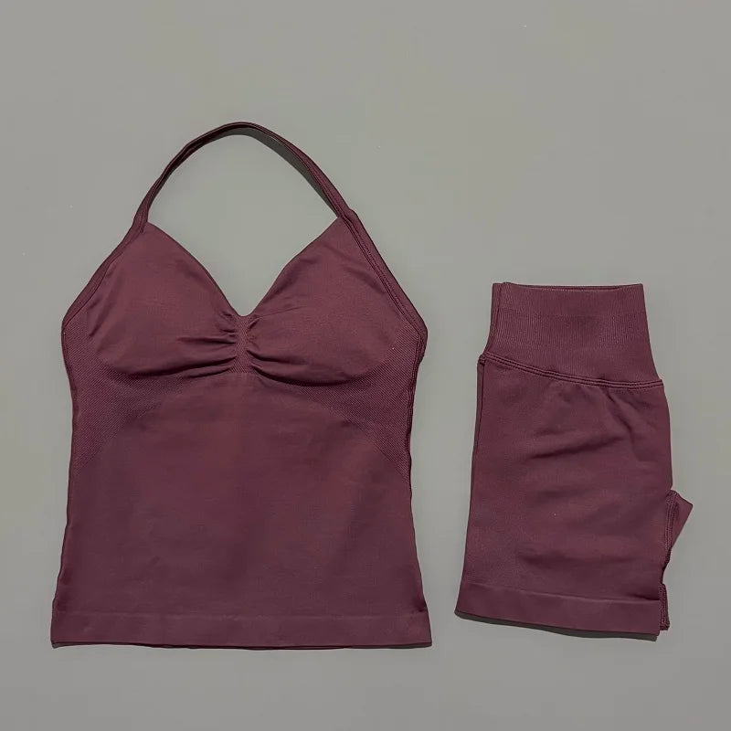 2 Pieces Sports Set Women Backless Tank Yoga Tops High Waist Scrunch Seamless Shorts Sport Gym Set Sportswear Workout Set
