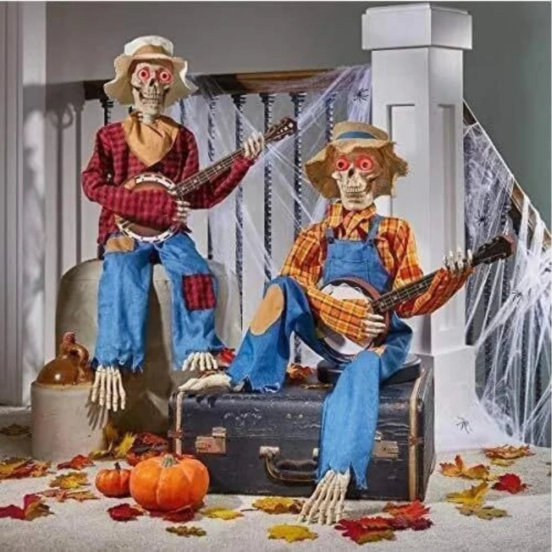 Halloween Banjo Scarecrow Playing Skeletons Animatronics Banjo Skeletons Decoration for Halloween Indoor Outdoor Yard Lawn Party