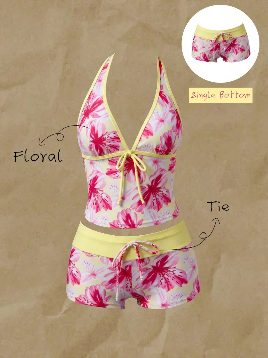 Women Swimwears Polka Dot 2-Piece Tankini Set Halter V Neck Front Tie Cami Top & Contrast Waistband Drawstring Swim Shorts