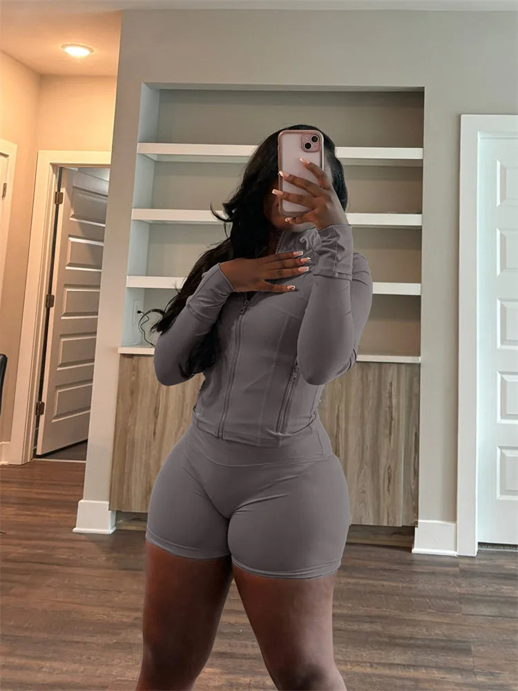 Fall Siold Bodycon Zipper Crop Top Women Tracksuits Sets+Trousers Women Black Gray 2 Two Pieces Matching Leggings Shorts Suits