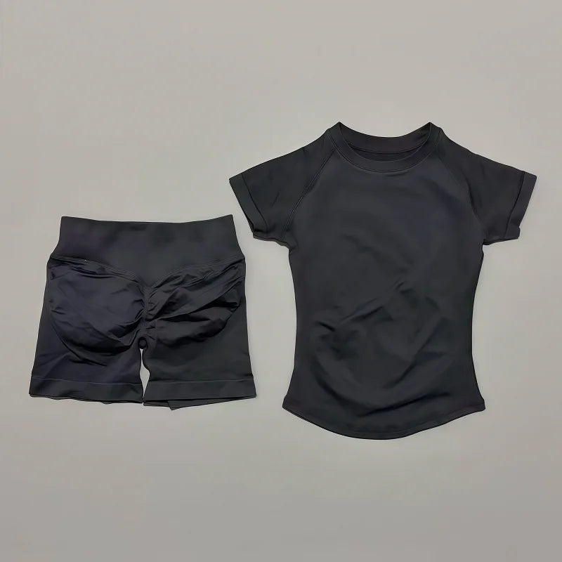 2 Pieces Sports Sets Short Sleeve Seamless Yoga Top Fitness Set Women Workout Running Sports Shorts Gym Suit