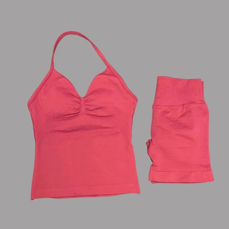 2 Pieces Sports Set Women Backless Tank Yoga Tops High Waist Scrunch Seamless Shorts Sport Gym Set Sportswear Workout Set