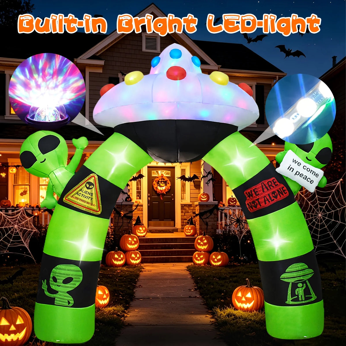 10.5FT Halloween Inflatable Alien Arch Decoration Blow Up Alien Archway with Built-in LED Lights Outdoor Giant Airblown Spaceship Arch for Yard Garden Lawn Porch Party Supplies USA Stock Warehouse