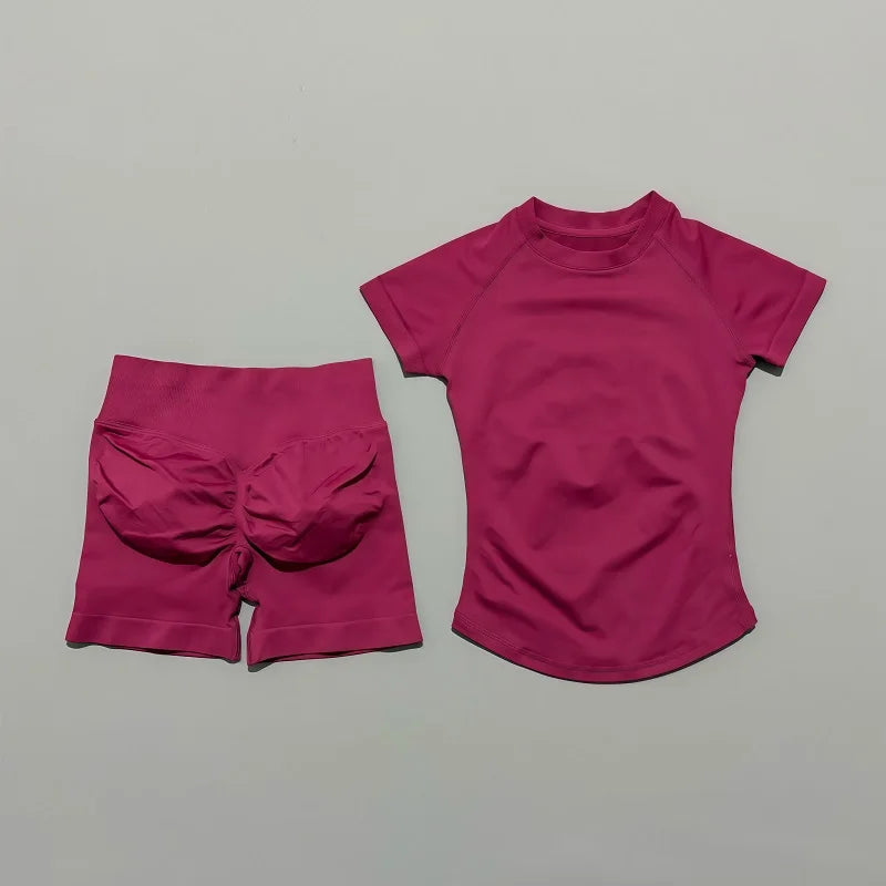 2 Pieces Sports Sets Short Sleeve Seamless Yoga Top Fitness Set Women Workout Running Sports Shorts Gym Suit