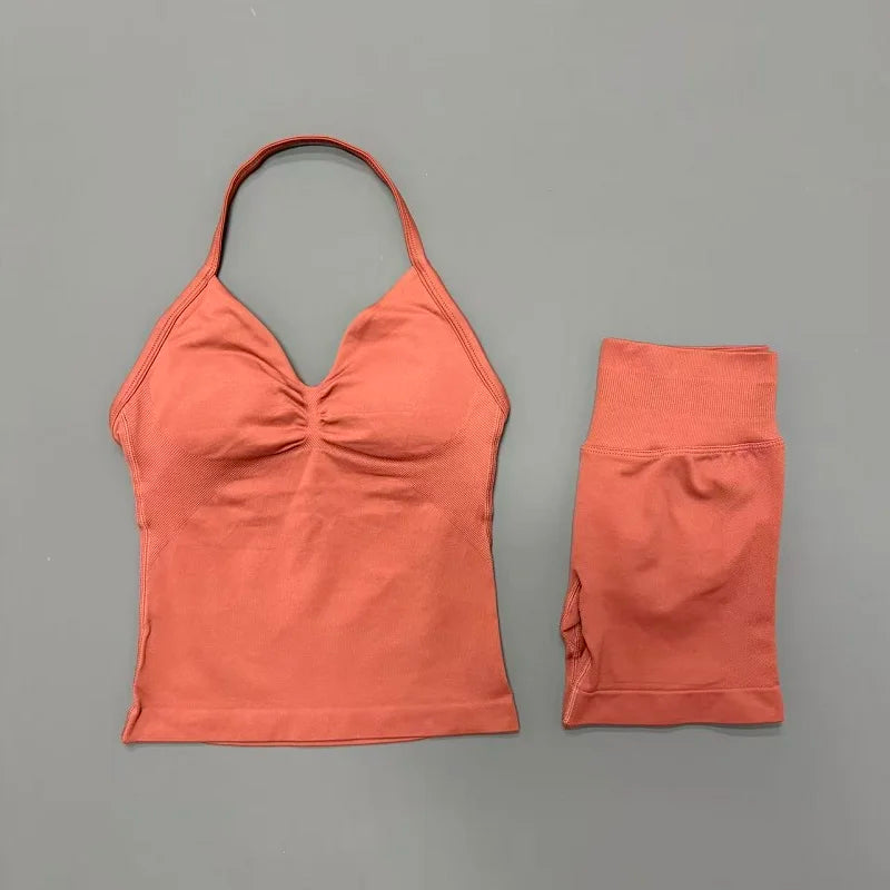 2 Pieces Sports Set Women Backless Tank Yoga Tops High Waist Scrunch Seamless Shorts Sport Gym Set Sportswear Workout Set