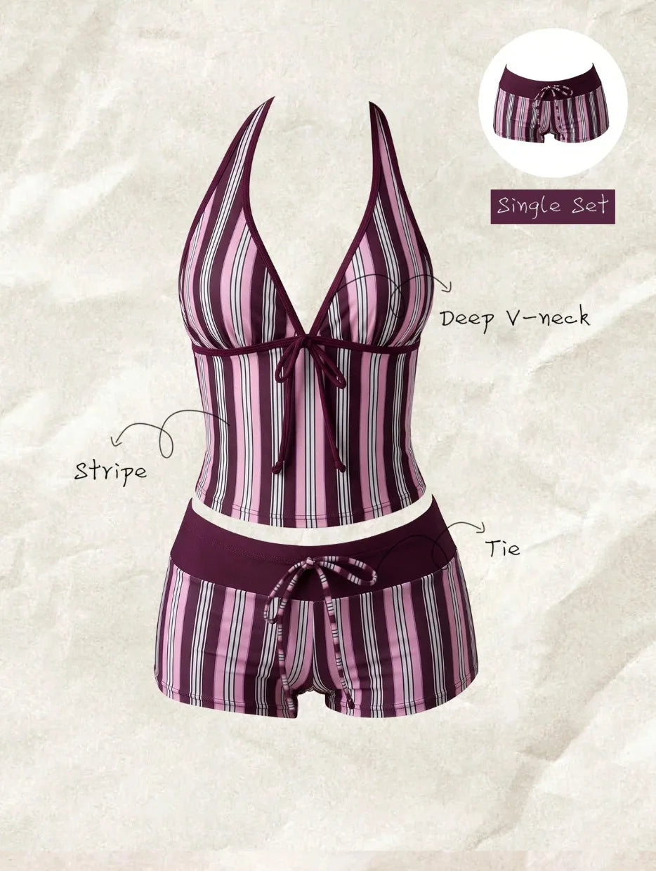 Women Swimwears Polka Dot 2-Piece Tankini Set Halter V Neck Front Tie Cami Top & Contrast Waistband Drawstring Swim Shorts